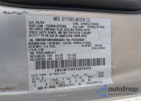 2003 Mercury Grand Marquis Ls from USA, damaged, VIN 2MEFM75W93X693403